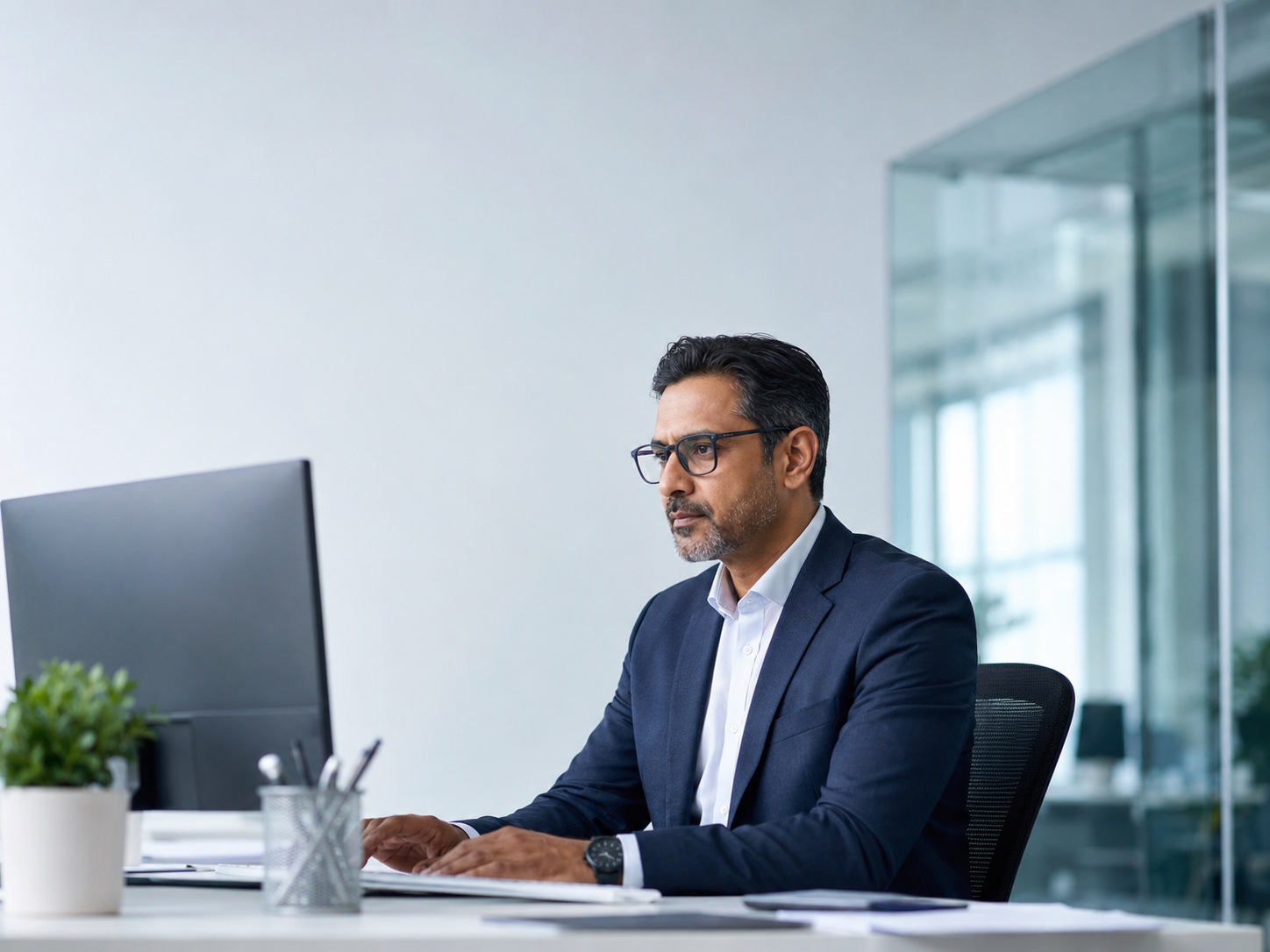 Compliance officer reviewing an SOP on a tablet at a standing desk