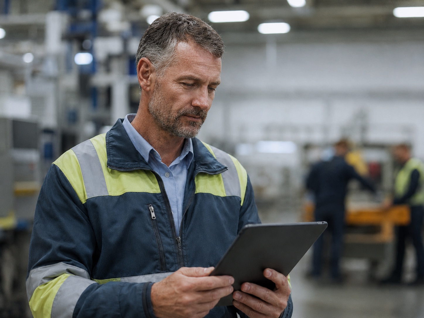 Safety manager on a manufacturing floor with a tablet