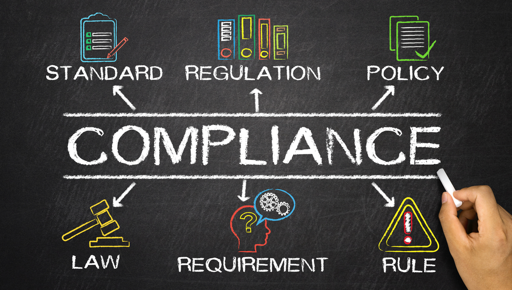 Compliance concept with keywords: standard, regulation, policy, law, requirement, rule, written on a chalkboard with arrows pointing to the word compliance.